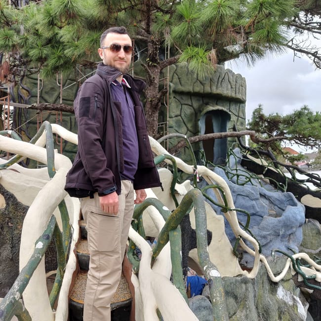 Mężczyzna stoi na fantazyjnym moście przy crazy house w da lat, otoczony rzeźbionymi drzewami.
