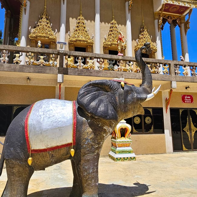 Świątynia wat khao rang samakkhitham na phuket z ozdobnym posągiem słonia na dziedzińcu.