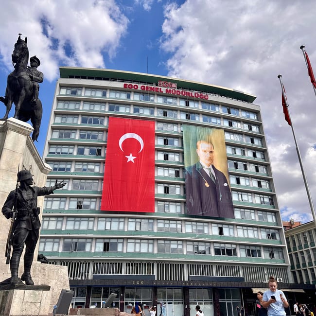 Statue of atatürk in ankara with turkey flags in front of a city building