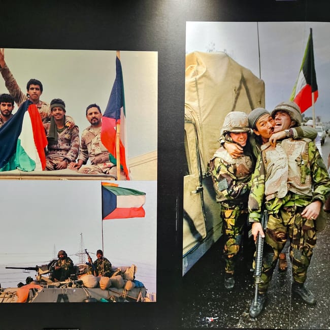 Kuwait city national museum photo collage showing soldiers, kuwait flag, and a military vehicle with helmets and camo uniforms
