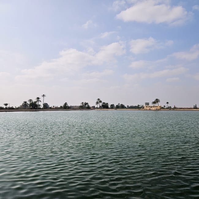 Menara gardens in marrakesh, morocco, seen across a calm lake with palm trees and a cloudy sky