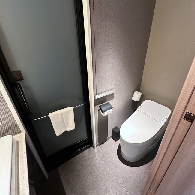 Hotelowa toaleta w akihabara w tokio z nowoczesną deską bidetową i ręcznikiem na drzwiach