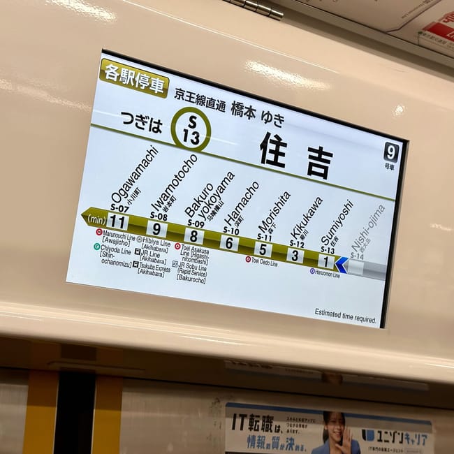 Wyświetlacz metra w tokio z mapą linii i informacją o stacji jiyugaoka (s13)