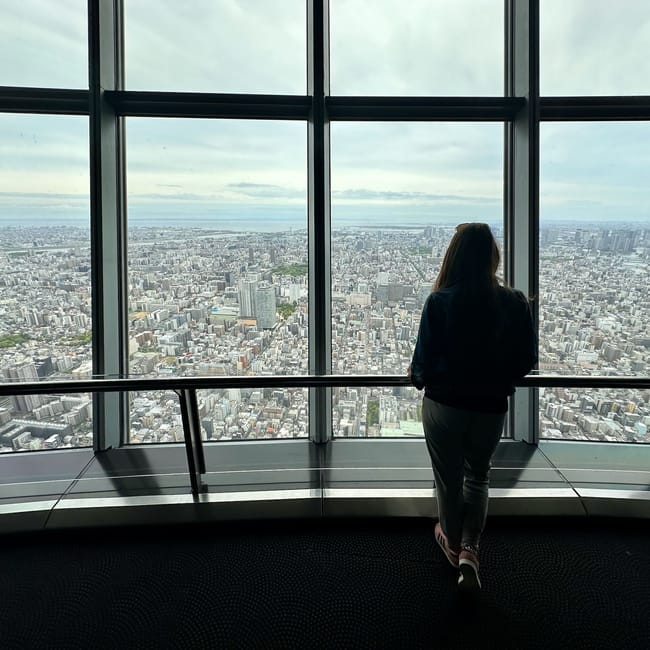 Widok z tarasu widokowego skytree w tokio na panoramę miasta i stojącą przy oknie osobę
