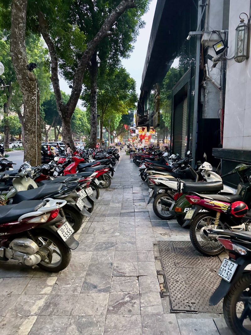 Ulica w hanoi zastawiona zaparkowanymi skuterami przy chodniku i drzewach.