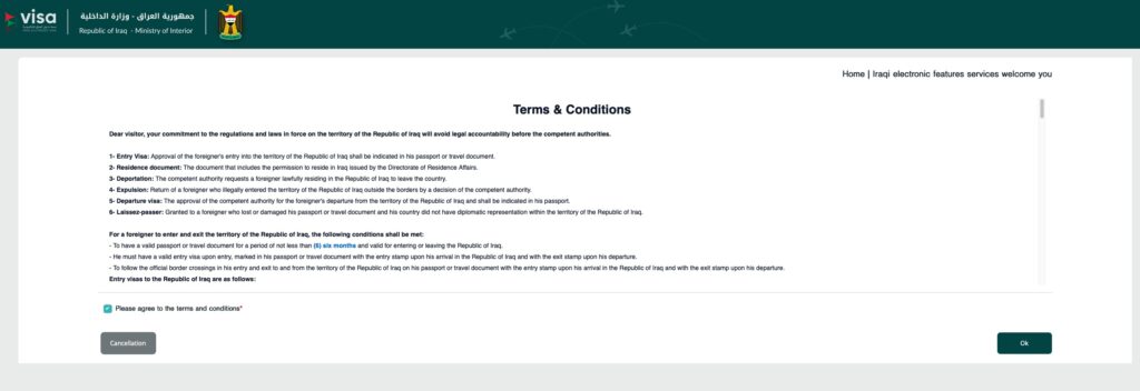Iraq, visa portal terms and conditions