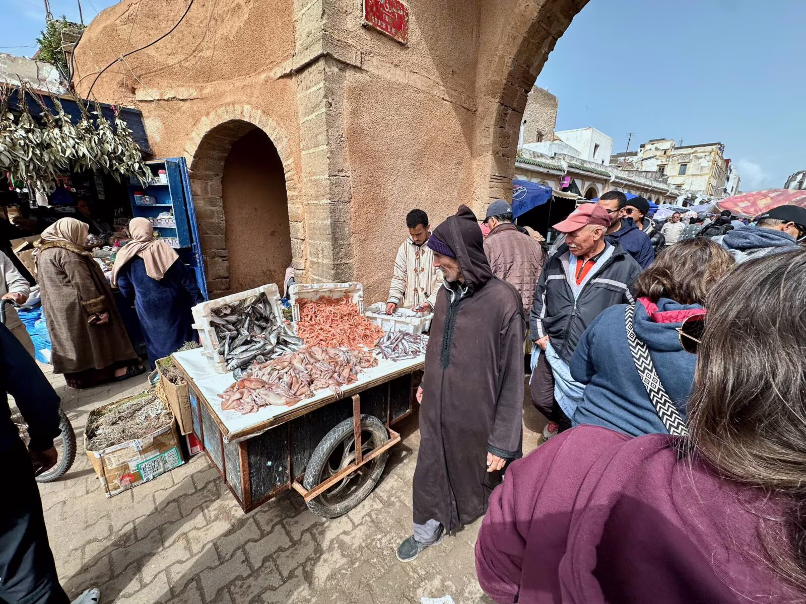 Morocco essouira souk: stoisko rybne na ulicy z kolejką kupujących przed zabytkowym łukowym wejściem